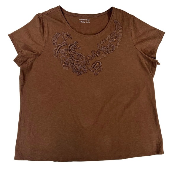 Coldwater Creek Tops - Coldwater Creek 2X Brown Embellished Tee Shirt Cotton Plus Size